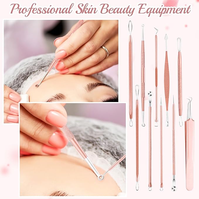 10 PCS Professional Stainless Steel Blackhead Remover,Rose Gold Pimple Popper Tool Kit,Comedones Extractor Tools for Removing Pimple,Whiteheads,Acne,Zit,Fat Granules