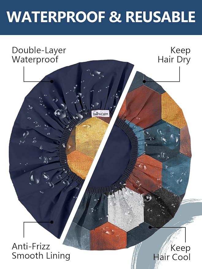 Years calm Men Shower Cap Reusable Waterproof, Dual-Layer Design, Double-Sided Use,Protects Hair in Shower, Spa,Travel & Cooking, Adjustable Elastic for Comfortable Fit (Colorful Geometric, One Size)
