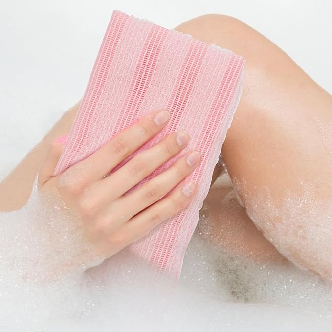 HEALLILY 2pcs Exfoliating Back Scrubber Straps Double-Sided Bath Towels for Body Skin Cleansing and Dead Skin Removal, Long Handle Shower Towels for Household Bath Use, Blue and Pink