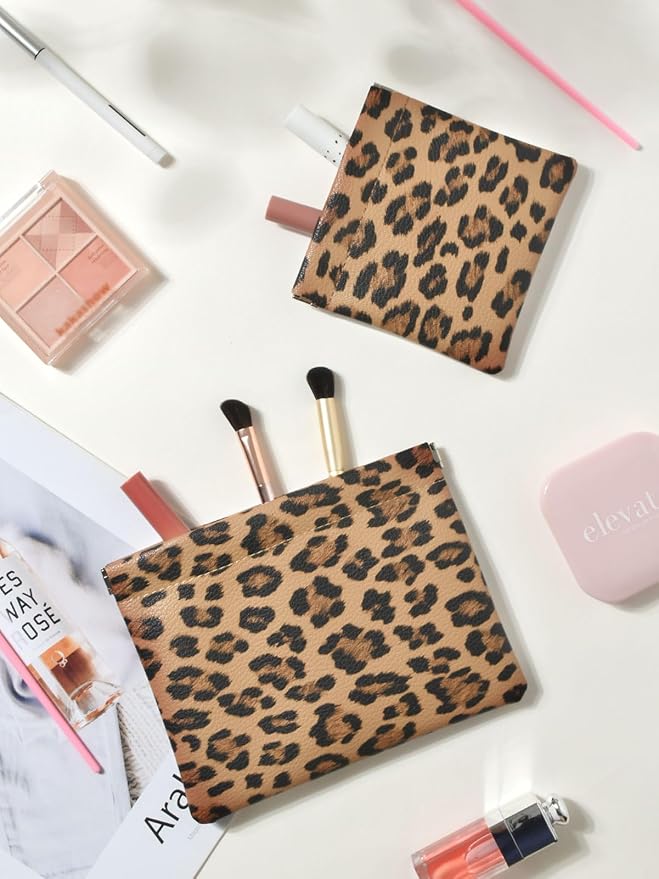 2 Leopard Leather Small Makeup Pouches Set for Women,Cosmetic Accessories,Waterproof and Portable Cosmetic Bags,Self-closing,No Zipper, Aesthetic Storage Pouch,Lipstick for Purse, Brown