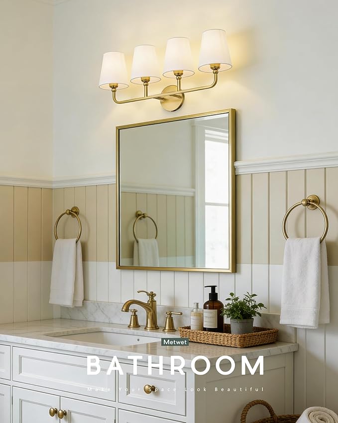 4-Light Bathroom Light Fixtures, Brushed Gold Vanity Lights with Flared Beige Fabric Shade, 28 Inch Wall Sconce, Vintage Sconces Wall Lighting for Hallway Bedroom, VL837-BG-B-4