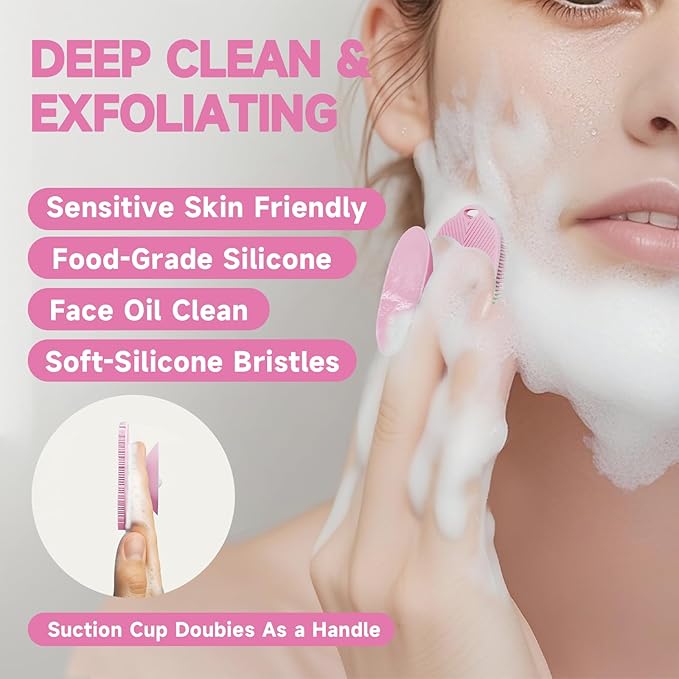 2 PCS Face Scrubber, Soft Silicone Face Exfoliator with Suction Cup for Man and Women Deep Skin Clean, Gentle Facial Cleaning Brush Suitable for All Sensitive Skin (Pink)