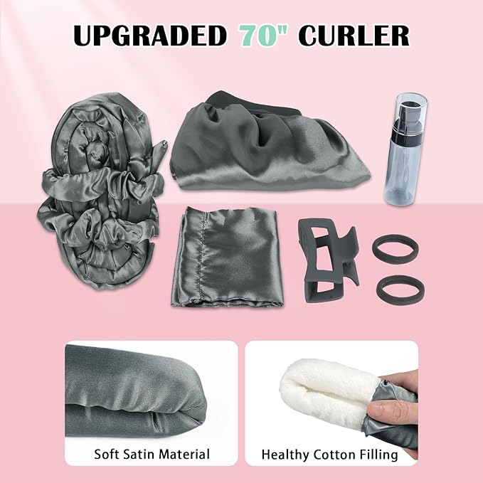Satin Heatless Curls Overnight Hair Curlers to Sleep In Hair Curler Rollers No Heat Hair Wrap for Curls Headband, 70" Satin Heatless Curling Rod Set for Women Long Waves Hair Volume -Grey 9 PCS