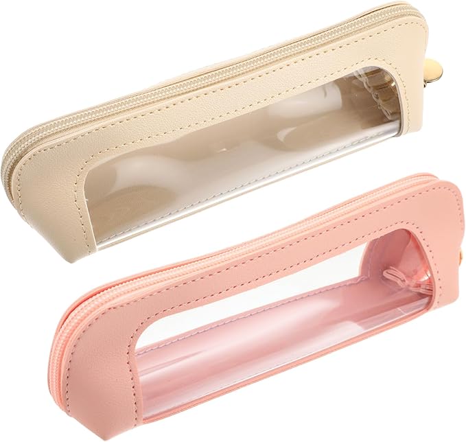 2Pcs Clear Makeup Brush Bag, Leather Slim Makeup Case, Portable Transparent Waterproof Cosmetic Pouch with Zipper, Double Sided Clear Bag for Women Travel Storage (White, Pink)