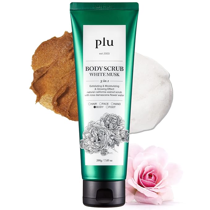 PLU Original Korean Walnut Body Scrub Polish - White Musk - Exfoliating & Hydrating Glow for Smooth, Radiant Skin Texture - Soft Musk Scent, 7.05 oz.
