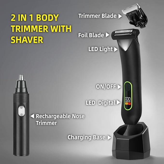 Rechargeable Body Hair Trimmer for Men, 2 in 1 Body Groomer for Men, Replaceable Hair Cutting Blade, IPX7 Waterproof Wet/Dry Ball Groin Trimmer with Charging Base