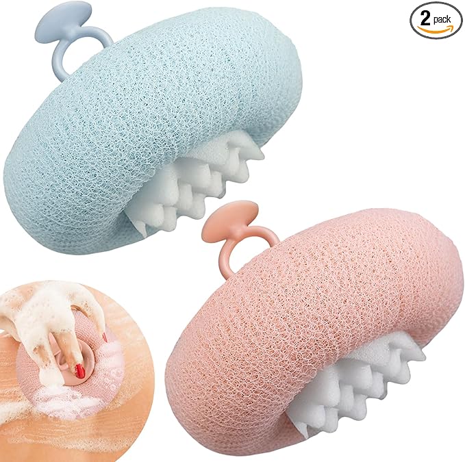 2Pcs Upgrade 2-in-1 Sunflower Bath Ball,Soft Bath Ball with Hanging and Adsorbable Suction Cup，Exfoliating Bath Sponges for Shower Women Men (Pink+Blue-Green)