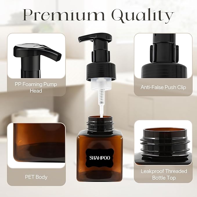 8.5 oz Foaming Soap Dispenser Plastic Foaming Pump Bottle, Refillable Dispenser with Plastic Pump, Empty Hand Bottles for Liquid Soap, Shampoo, Bathroom,Hotel,Restaurant (30, Brown)