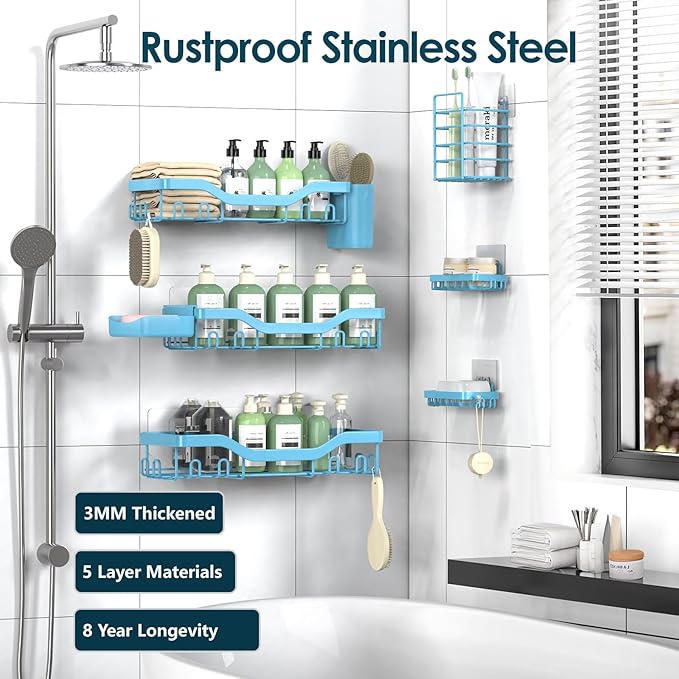 Shower Caddy Adhesive Shower Organizer 8-Pack, Rustproof Stainless Steel Bathroom Shelves, Large Capacity No-Drill Rack Storage Accessories with Soap Dish Toothbrush Holder Hooks