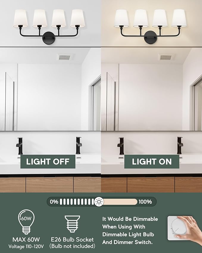 Bathroom Light Fixtures, 4 Light Matte Black Vanity Lights with Flared White Fabric Shade, 28 Inch Wall Sconce, Modern Sconces Wall Lighting for Hallway Bedroom, VL837-MB-4