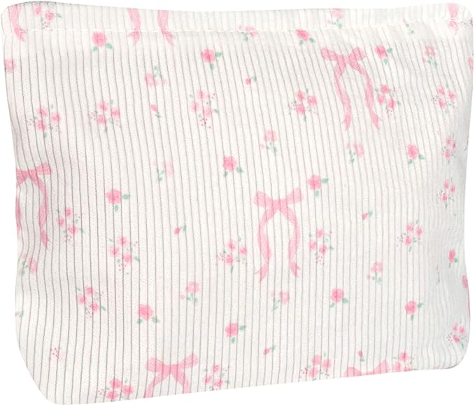 Cute Makeup Pouch for Women Flower Small Make Up Bag for Purse Zipper Initial Cosmetic Bags Pouches for Purse Aesthetic Travel Toiletrybags,Pink Bow Rose Floral
