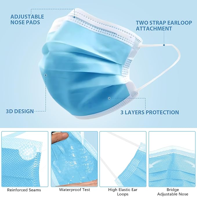 LEMENT 125 Pcs Blue Disposable Face Masks, 3 Ply Face Mask Elastic Earloops for Adults, Disposable Blue Mask for Indoor Outdoor