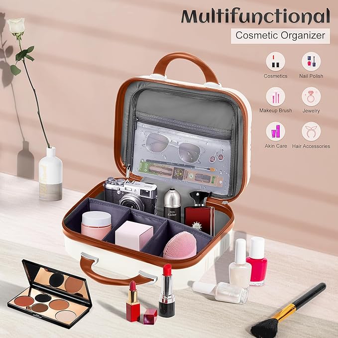 14 Inch Hard Makeup Train Case PC ABS Portable Cosmetic Travel Case Mini Suitcase Organizer for Make up Toiletries Toys Clothes Storage with Handle Elastic Strap