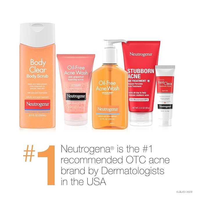 Neutrogena Body Clear Acne Body Wash and Exfoliating Body Scrub, 2% Salicylic Acid Cleanser, Chest, Shoulder & Back Acne Treatment, Non-Comedogenic, Oil-Free Shower Gel, 8.5 fl oz