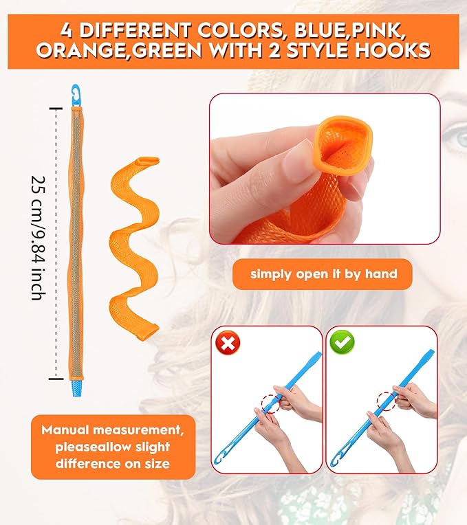 42 Pieces Heatless Waves Hair Curler, No Heat Damage Wavy Hair Curlers with 2 Sets of Styling Hooks, Heatless Curls for Women Girls Short Hair((4 Colors, 25cm / 9.8")