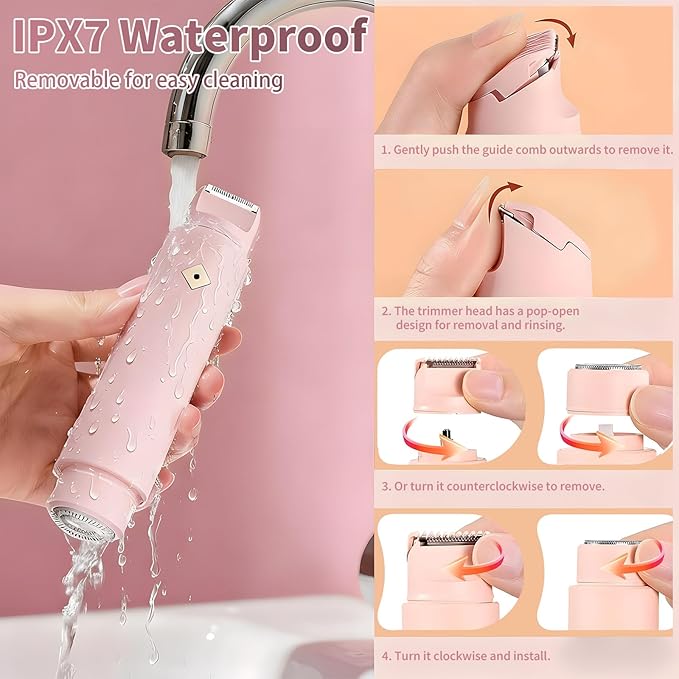 2 in 1 Bikini Trimmer for Women, Painless Waterproof Electric Razors for Women, Dual Head Travel Electric Shaver for Facial Legs Armpits Body Hair Remover, Rechargeable Pubic Hair Trimmer, Pink