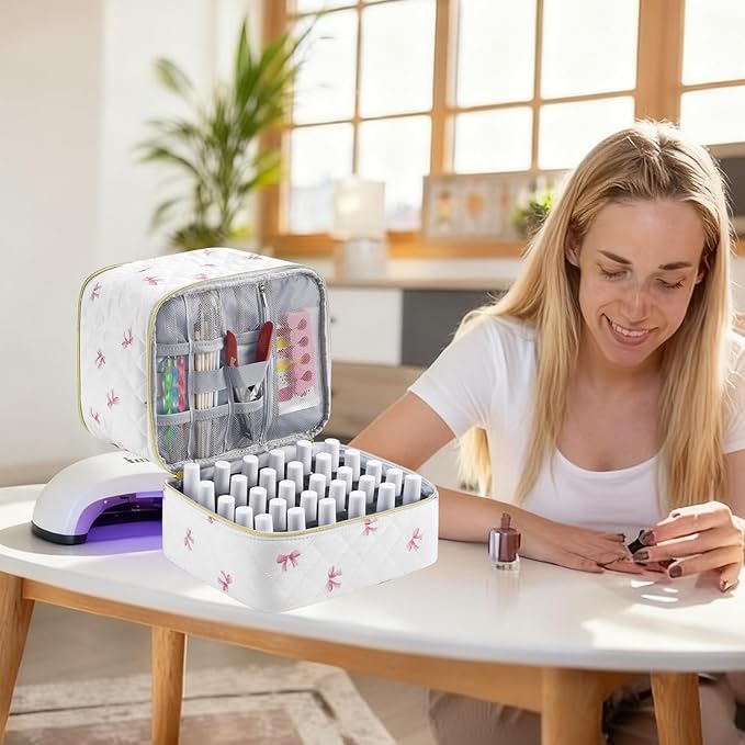 PU Leather Nail Polish Organizer and Nail Lamp Case, Nail Kit Organizer Holds 30+ Bottles (15ml - 0.5 fl.oz) and a Nail Lamp, Nail Polish Carrying Case with Manicure Tools Storage Sections (Pink Bow)