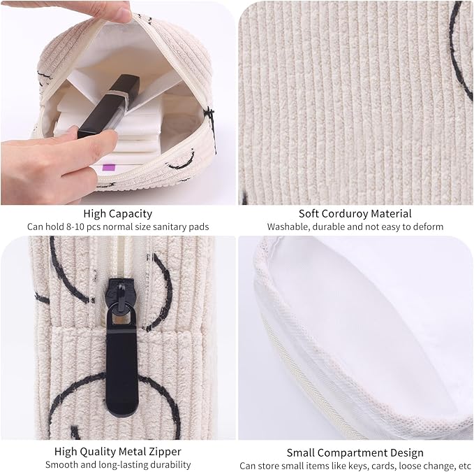 Sanitary Napkin Storage Bag, Corduroy Period Bag for Women, Cute Portable Period Pouch with Zipper, Sanitary Pads Bag Tampons Holder for Purse, First Period