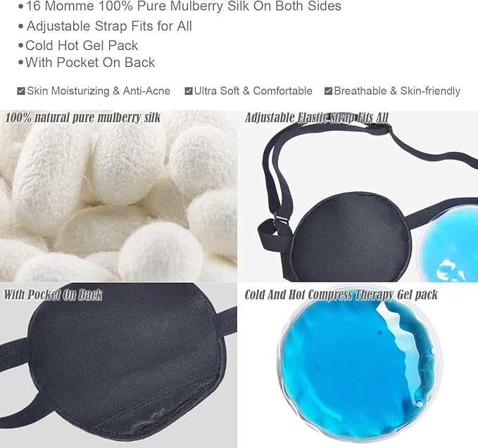 Cooling Eye Patches for Puffy Eyes, Pure Silk Ice Eye Patch, Single Eye Mask, Medical One Eye Cover Cold Hot Therapy Strabismus Lazy Eyes After Surgery Adult Kid Pirate Eyepatch (Black & Pink)