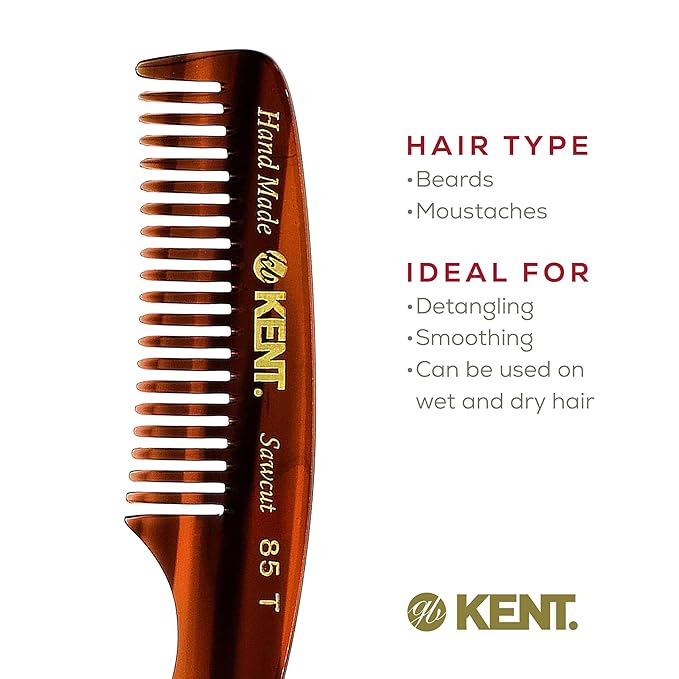 KENT 85T Small Wide Tooth Beard and Mustache Pocket Comb, Coarse Toothed Travel Size for Facial Hair Grooming and Beard Care. Saw-cut of Quality Cellulose Acetate, Hand Polished. Hand-Made in England