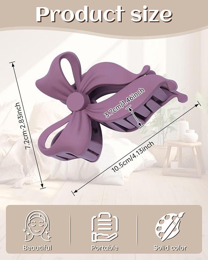 Mesovor 4 pack Cute Bow Claw Clip for Women, Nonslip Large Matte Strong Hold Bows Hair Clips for Thin and Thick Hair | Chic Hair Styling Accessories (Matte Pink, Matte Purple)