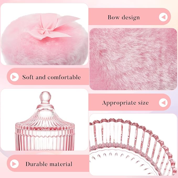 Tioncy 3 Pcs Large Body Powder Puff and Container Valentine's Day gift Powder Container with Puff Crystal Case Soft Washable Reusable Velour Face Body Glitter Wet Dry Makeup(Classic,Pink)