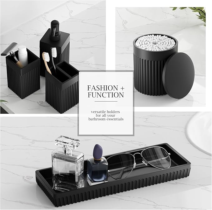 6-Piece Black Bathroom Set - Sleek Resin Organizer with Soap Dispenser, Toothbrush Holder, Vanity Tray, Tumbler & Apothecary Jars for Small Spaces
