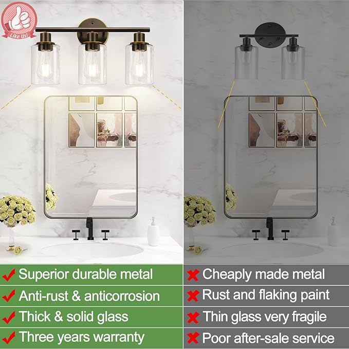 3-Light Bathroom Light Fixtures, Brown and Gold Bathroom Wall Lights, Modern Vanity Light with Clear Glass Shade, Bathroom Wall Lamp for Mirror Hallway Cabinet