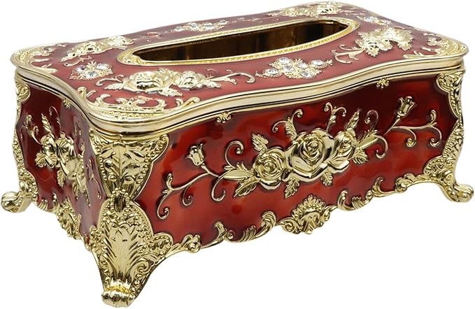 9.45"x5.43"x3.94" Luxurious Rose Tissue Box with Imitation Diamonds, Embossed Flowers, Elegant Tissue Paper Holders for Home Toilet Bath Hotel,Gold-Red