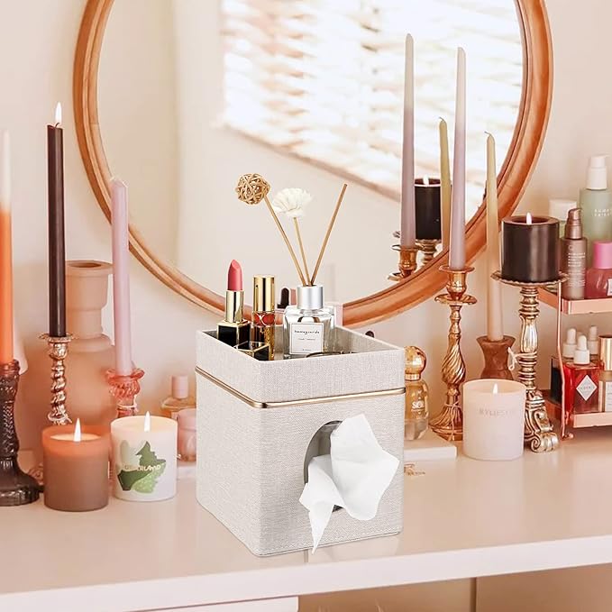 Sumnacon Linen Square Tissue Box Cover - Decorative Cube Tissue Box Holder with Tray, Stylish Tissue Box for Bathroom Toilet Tank Vanity Dresser Table Office Bar Restaurant, Beige