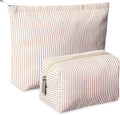 2 Pcs Makeup Bag Set Cute Cosmetic Pouch for Women Seersucker Travel Toiletry Bag Preppy Small Makeup Purse Pouch Aesthetic Skincare Brushes Storage Organizer for Valentine Women(Khaki)