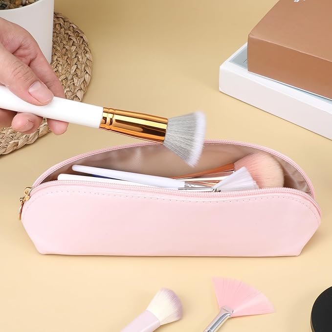 Prasacco Leather Makeup Brush Bag With Zipper, Portable Travel Cosmetic Organizer Case, Compact Toiletry Pouch For Daily Work Essentials