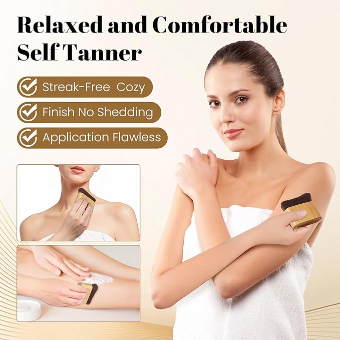 Self Tanner Brush - Kabuki Brush for Body Foundation Makeup, Blending Applicator for Tanner for Leg Makeup, Self Tanning Mitt for Body Makeup, Achieves Sunless Streak-Free Fake Tan Durable (Bamboo)