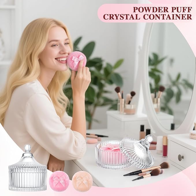 5 Pcs Extra Large Body Powder Puff and Container Set – 5.43" Oversize Crystal Powder Container | 3.54" Ultra-Soft Velour Puff, Washable & Reusable, Ideal for Face/Body Glitter & Wet/Dry Makeup