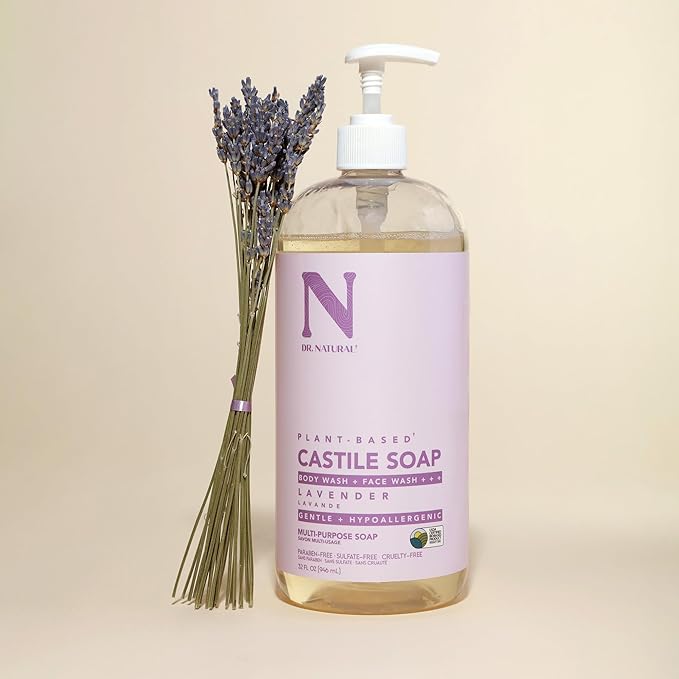 Dr. Natural Castile Liquid Soap - Multi-Use Body Wash, Shampoo and Face Wash - Hydrating Body Soap for Skin, Hair, Pets and Home - Lavender - 32 oz