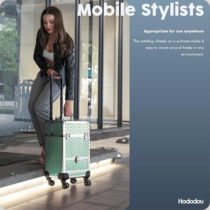 Hododou Blue Rolling Makeup Case with Drawer Travel Trolley Cosmetology Case on Wheel Makeup Storage Salon Barber Case Traveling Cart Trunk for Cosmetologist Nail Tech Hairstylist