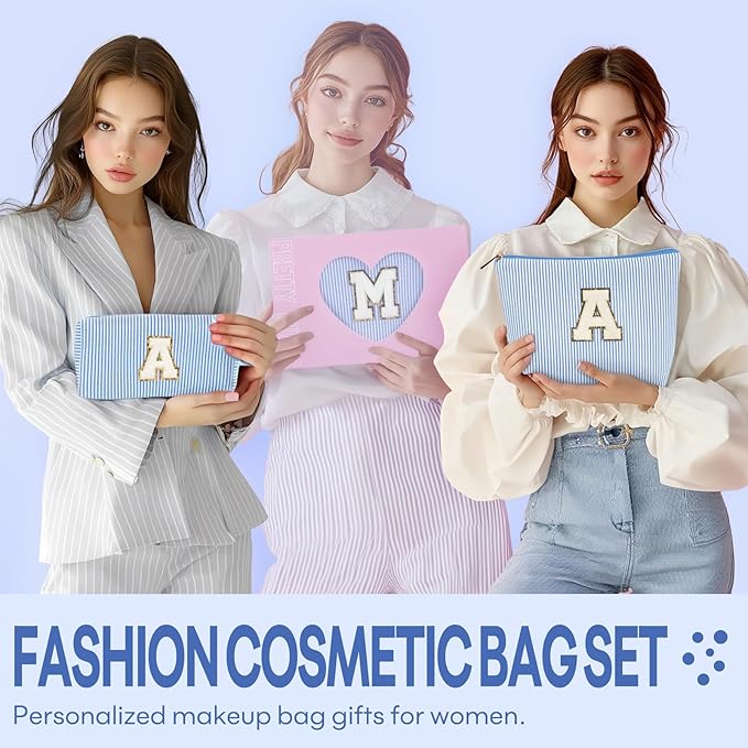 2 PCS Initial Makeup Bags for Women: Cosmetic Bag for Travel Toiletry - Birthday Gifts for 11 12 13 14 15 16 17 18 Years Old Girl Graduation Teacher Gift- Teen Girl Gifts Trendy Stuff - Blue L