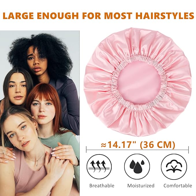 Adjustable Shower Caps for Women Reusable Waterproof Satin Lining Large Shower Cap for Women and Men Long Hair Braids Curly Hair (L,Pink/Pink)