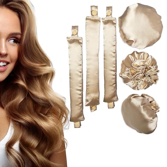 3Sets/6PCS Ariuvor New Satin Heatless Hair Curler,Hair Rollers for Heatless Curls with Hair Caps,Soft Heatless Curling Rod Headband for All Hair Types,No Heat Curling to Sleep in Overnight (2-beige)