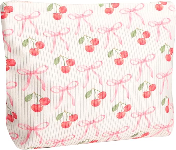 Cute Cherry Makeup Pouch for Women Small Make Up Bag for Purse Zipper Initial Makeup Cosmetic Bags Pouches for Purse Aesthetic Travel Toiletry Bags, Pink Cherries Bows