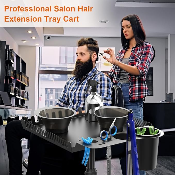 Salon Rolling Tray with 2 Magnetic Bowls, Professional Tool Tray Cart, Hair Extension Tray for Hairdressers, Color Tray Trolley for Hair Salon Home Use
