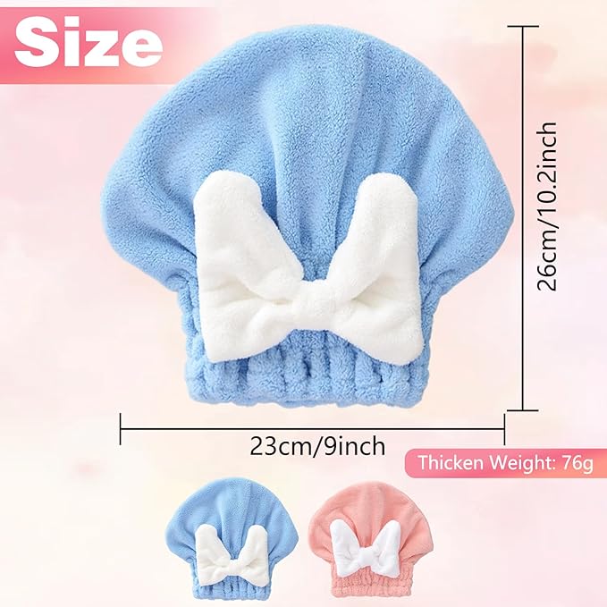 2Pcs Super Absorbent Hair Towel Wrap for Wet Hair, Microfiber Hair Towel Wrap Quick-Drying Thickened Hair Towels, Soft Bow Tie Wet Hair Towels Wrap for Women Girls (Pink+Blue)