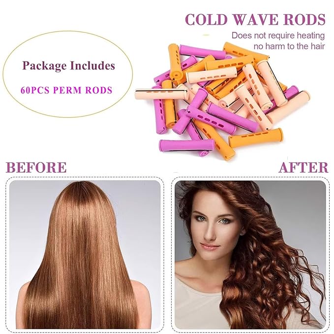 60Pcs Hair Perm Rods Set - 3 Sizes Plastic Cold Wave Rods with Elastic Rubber Band Non Slip, Perming Rods for Long Short Natural Hair Hairdressing Tools（Purple+Orange+Beige)