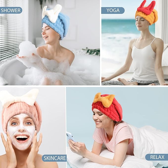 2Pcs Ultra Absorbent Hair Quick Drying Towel for Women Girls New Microfiber Hair Towel Wrap Dry Turban Soft Bow Tie Plopping Head Towels Shower Cap for Kids (Pink+Blue)