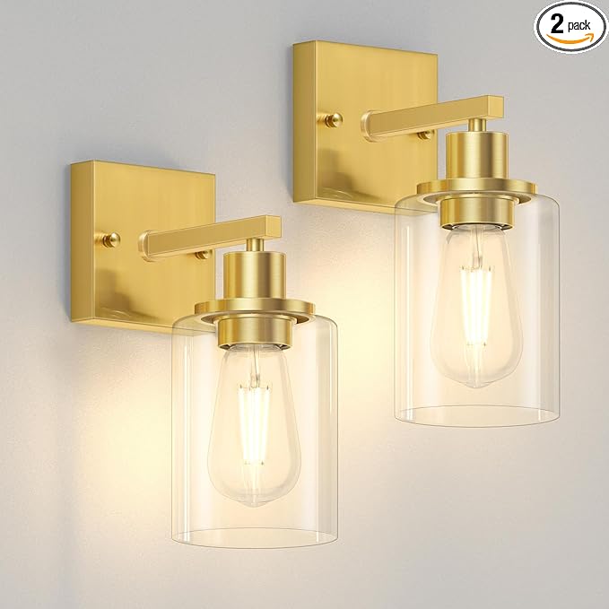 Licperron Gold Wall Sconces Set of 2, Bathroom Sconces Wall Lighting with Clear Glass Shade, Modern Brushed Glod Vanity Wall Light Fixtures for Bedroom, Mirror, Living Room, Hallway, E26 Base