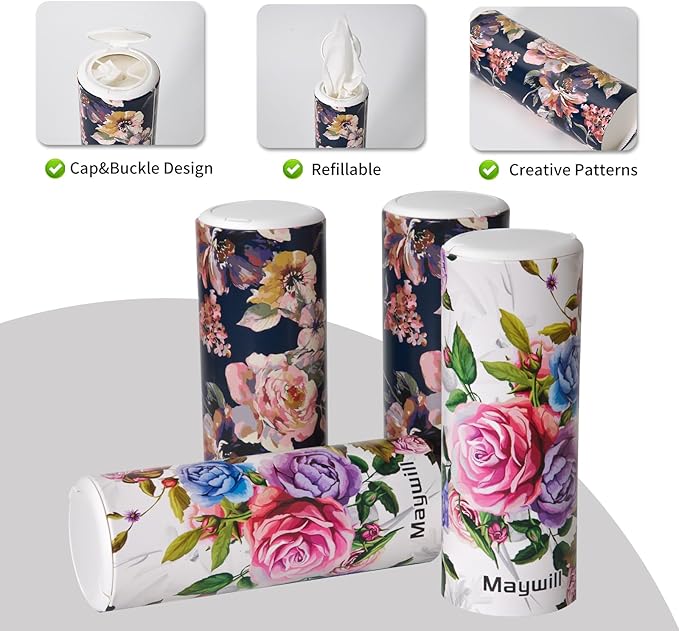Car Tissues Cylinder Holder with Facial Tissue, Round Car Tissues Holder with Cap,Suitable for Car Cup Holder,Travel Tissue Tubes Box Container,Car Box Container(4 Pack, 200 Sheets)