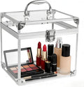Makeup Box,Clear Cosmetic Case with Latches and Handle Large Capacity Toiletry Organizer Box Travel Makeup Tools for Vanity Bathroom Counter Dresser(silver)