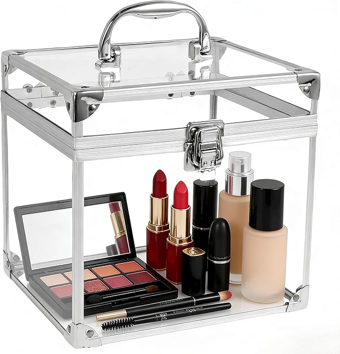Makeup Box,Clear Cosmetic Case with Latches and Handle Large Capacity Toiletry Organizer Box Travel Makeup Tools for Vanity Bathroom Counter Dresser(silver)