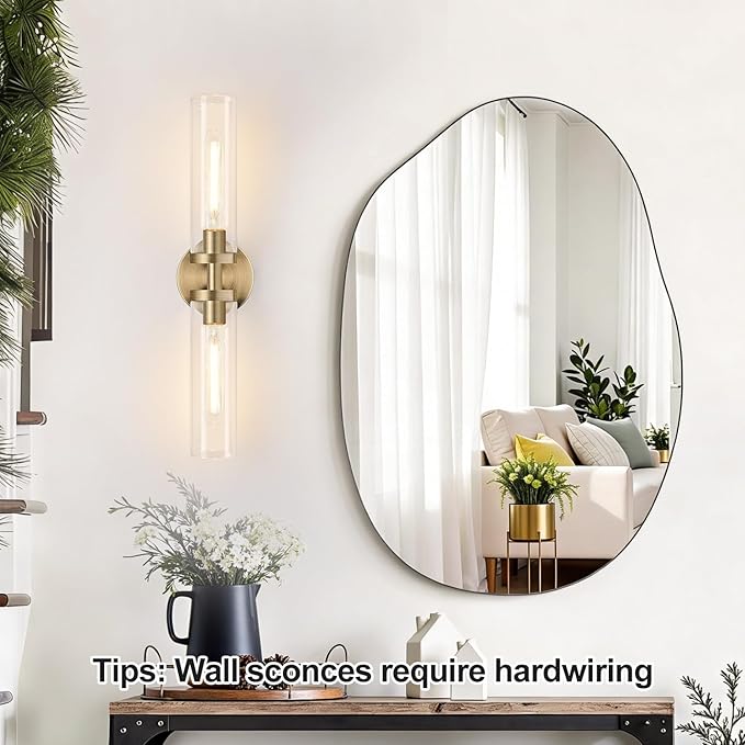 Brass Wall Sconces, Hardwired Bathroom Sconces Wall Lighting with Clear Glass, Modern Bathroom Vanity Lights fixtures for Mirror Bedroom Living Room Hallway Kitchen