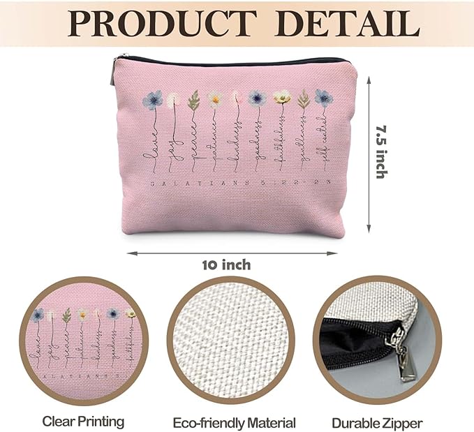 Christian Gifts Makeup Bag, Floral Christian Cosmetic Bags for Women, Galatians 5:22-23 Bible Verse Makeup Pouch, Faith Based Gifts Zipper Pouch(pink)